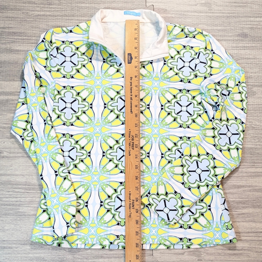 J McLaughlin Women's Bedford Yellow Green Blue Geometric Print 1/4 Zip Top Sz M - Picture 6 of 10